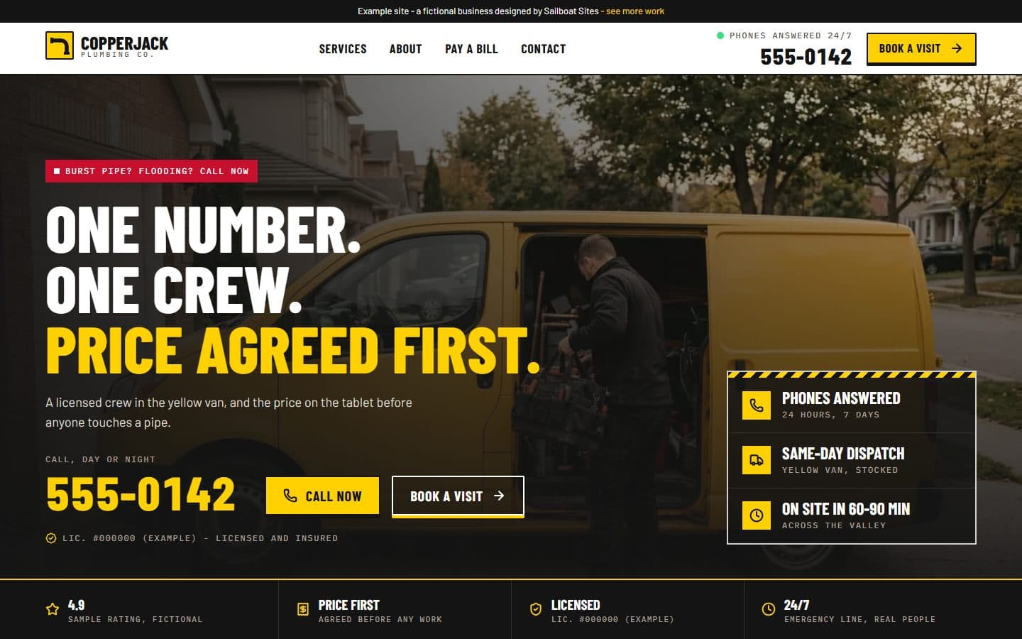 Copperjack Plumbing Co. example homepage: a plumber at a yellow van behind the headline One number. One crew. Price agreed first., with the phone number set large in yellow