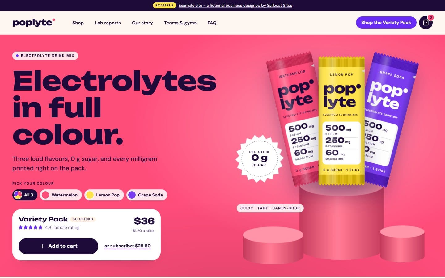 Poplyte example site homepage: a watermelon-pink studio set with three stick packs on plinths, the headline Electrolytes in full colour, and an Add to cart box.