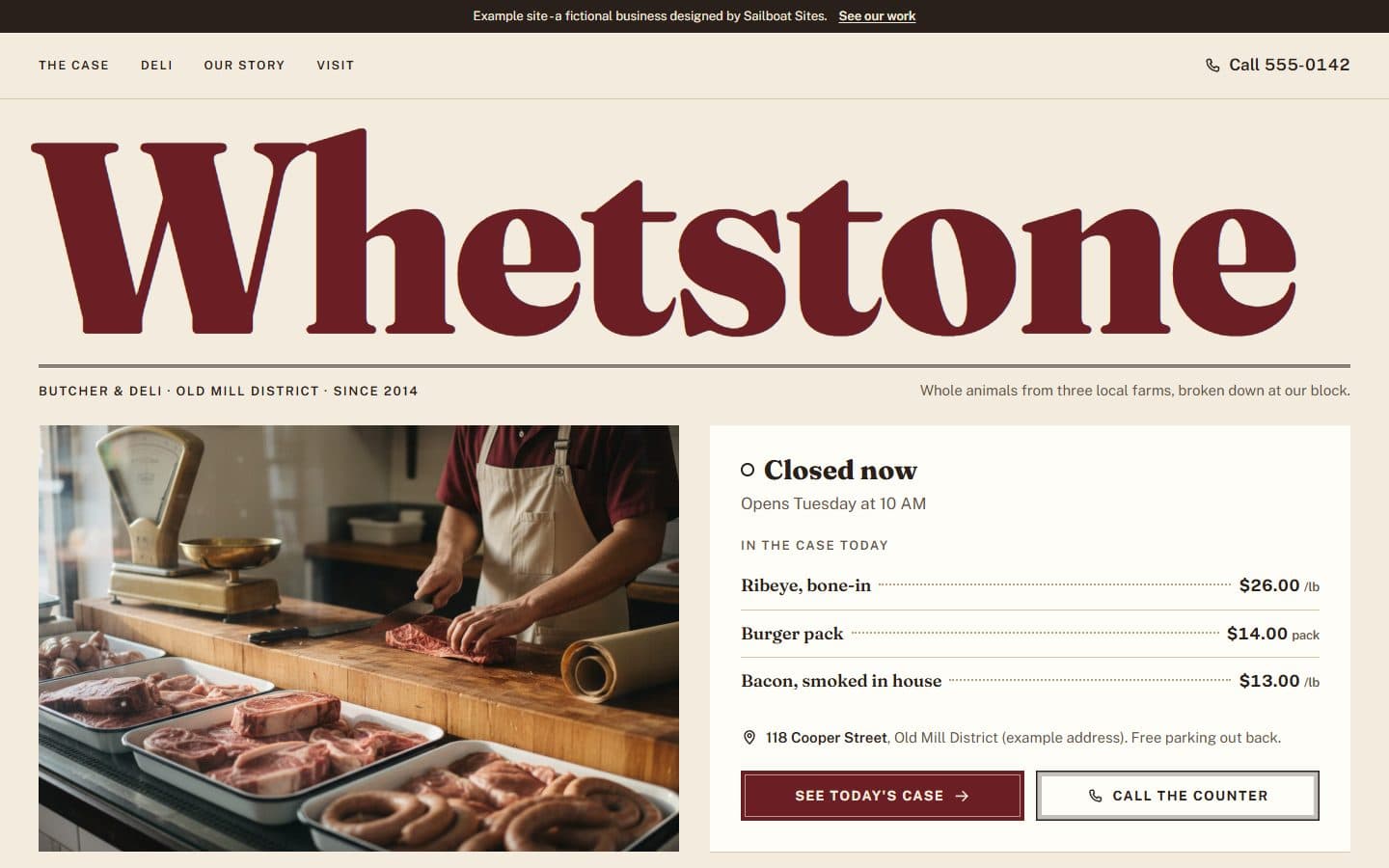 Whetstone Butcher & Deli example site: a big oxblood Whetstone masthead over a photo of the butcher at the block and a card showing whether the shop is open and three prices from today's case.